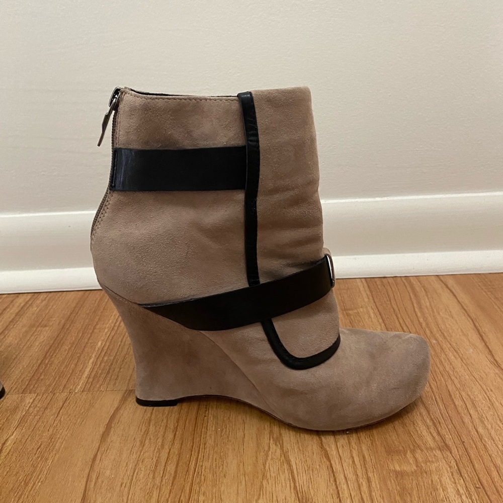 Women's Taupe Suede Wedge Ankle Boots with Black Strap Detail - Picture 7 of 8